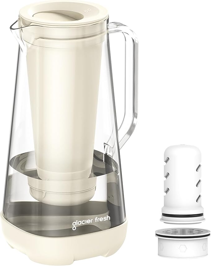 GLACIER FRESH 7 Cup Purela Glass Water Pitcher with 1 Ultrafiltration Membrane and Activated Carbon Filter, Reduces 99% Chlorine, PFOA&PFOS, Coliforms, BPA Free Materials, White