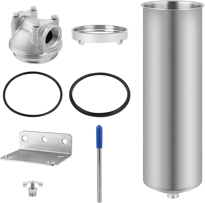 Amwater NSF/ANSI 42 Stainless Steel Whole House Water Filter Housing, 10" x 2.5" Sediment Water Filter System for Heavy Duty, Well & City Water, 3/4" NPT Port, Drain Valve Style A