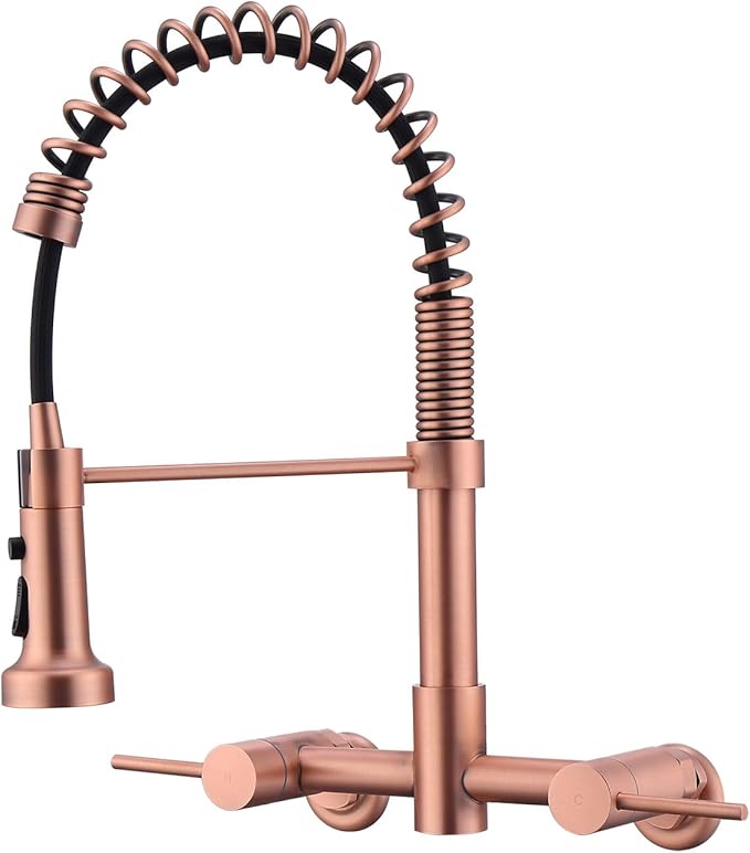 Wall Mount Kitchen Faucet Rose Gold, 8 Inch Center Wall Mount Kitchen Sink Faucet with Pull Down Sprayer with Sprayer Commercial, Red Copper