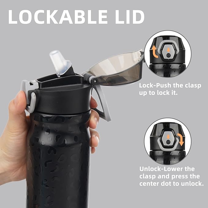 Insulated Water Bottle with Straw and Carry Loop,18 oz Stainless Steel Double Wall Vaccum Metal Water Flask with Leak-proof Lid,Black Leopard-FlexoryFit