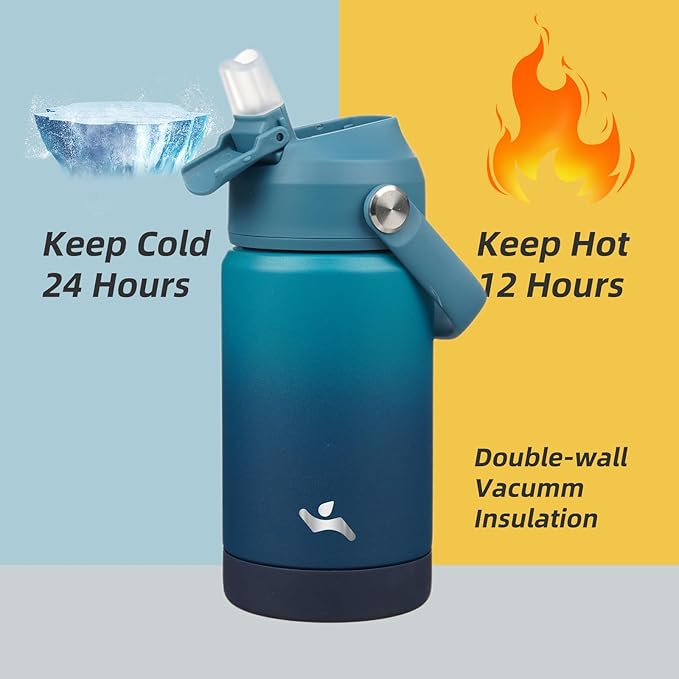 Insulated Water Bottle with Straw Lid,12 oz Stainless Steel Vacuum Metal Bottle with Silicone Handle,Vast-FlexoryFit