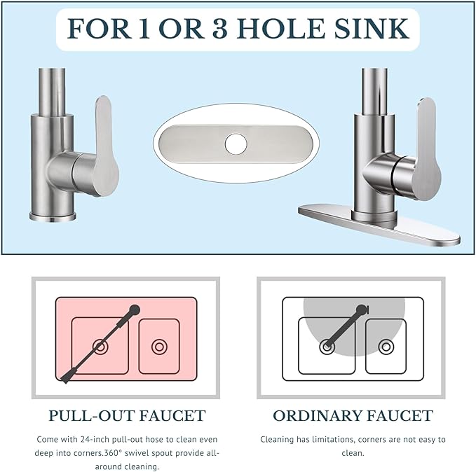 Kitchen Faucet with Pull Down Sprayer SUS304 Stainless Steel Waterfall Kitchen Sink Faucet 4 Functions Brushed Nickel Pull Out Kitchen Sink Faucets Utility Rv for 1 or 3 Hole Sink, KF2-BN