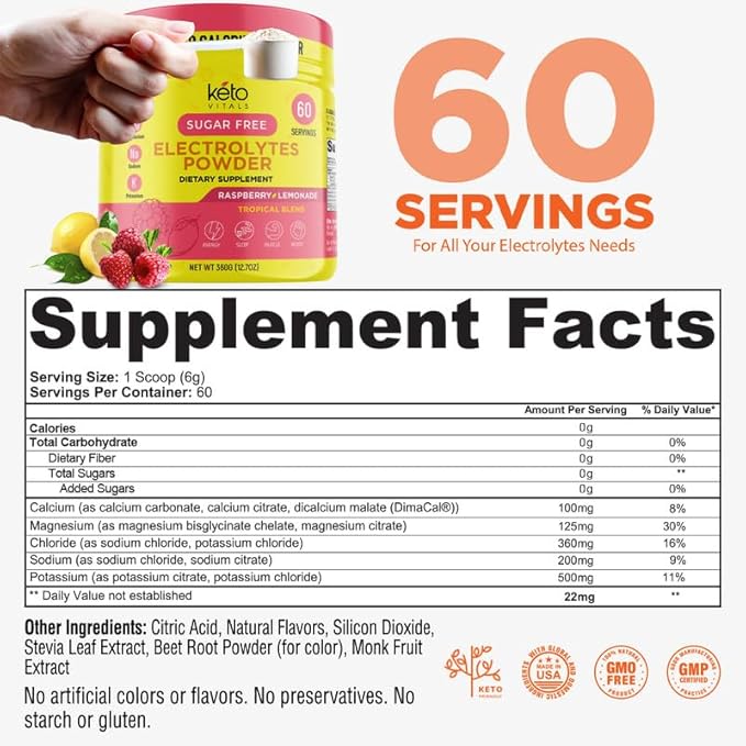 Keto Vitals Electrolytes Powder - Sugar Free Keto Electrolytes Powder with Potassium, Magnesium, Sodium, & Calcium - No Sugar Electrolyte Drink Mix & Hydration Powder, 60 Servings, Raspberry Lemonade-FlexoryFit