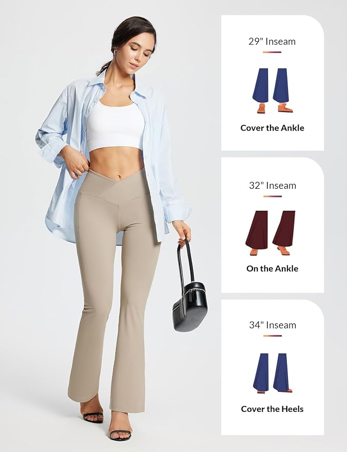 baleaf Women's V Crossover Flare Leggings with Pockets Yoga Pants High Waist Casual Workout Gym Bell Bottom Leggings-FlexoryFit