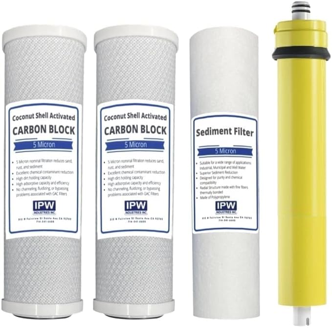 IPW Industries, Inc. - Replacement Water Filters Set - Carbon Block Filters, Sediment Filter and 36 GPD Membrane for Reverse Osmosis (RO) System