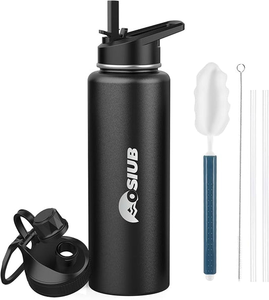 Insulated Water Bottle 40 oz, Triple Wall Vacuum Stainless Steel(Cold for 48 Hrs),Leak Proof & BPA-Free,Simple Modern Water Bottle with Drink-Through Lid & Flip Straw for Sports & Travel, Black-FlexoryFit