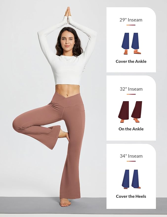 baleaf Women's V Crossover Flare Leggings with Pockets Yoga Pants High Waist Casual Workout Gym Bell Bottom Leggings-FlexoryFit