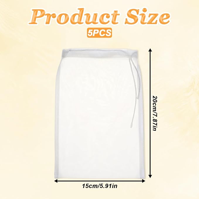 5 PCS Nylon Straining Bag, White Fine Mesh Bag Homebrew Beer Wine Filters for Sediment Brew Bags Mesh Strainer Bag for Home Brewing Hops Grains Wine Dry Hop Beer Making Drawstring Straining