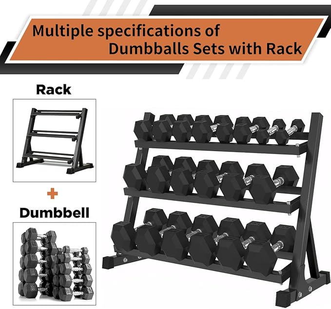 Ritafer 6-10 Pair Hex Rubber Dumbbell Set 350/450 and 550 lbsï¼?-50 lbs ）Hand Free Weight for Strength Coated Encased Iron Weights with Dumbbells Storage Rack Home Gym-FlexoryFit