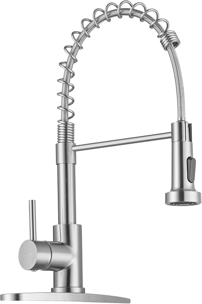 WEWE Kitchen Faucets, Brushed Nickel Kitchen Faucet with Pull Down Sprayer, Industrial Spring Single Handle Stainless Steel Kitchen Sink Faucet with Deck Plate, 1 Hole or 3 Hole for Laundry Rv