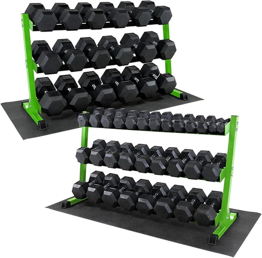 WF Athletic Supply Rubber Coated Hex Dumbbell Set, Multiple Choices Available - Dumbbells with Rack Stand and Mat, or Dumbbells Only (200/550/1200/2100/3000 LB)-FlexoryFit