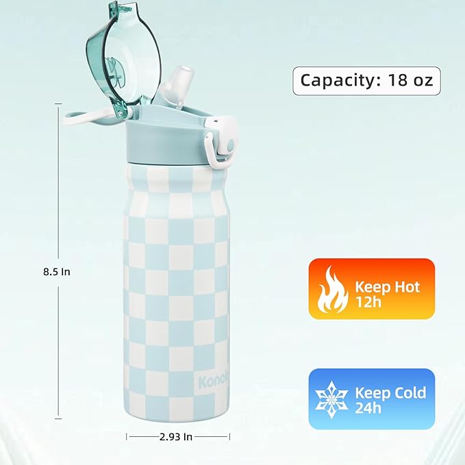 Insulated Water Bottle with Straw and Carry Loop,18 oz Stainless Steel Double Wall Vaccum Metal Water Flask with Leak-proof Lid,Blue White Plaid-FlexoryFit