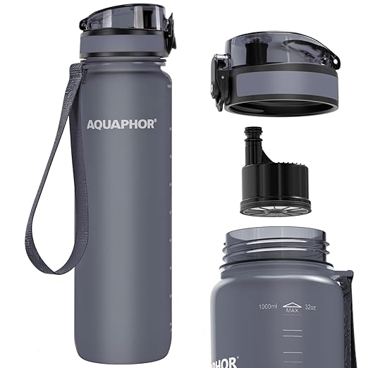 Nakii Filtered Water Bottle, Leakproof, BPA-Free, Motivational Markings, Travel, Everyday Use. 40-Gallon Filter, Replaces 300 Plastic Water Bottles. Includes 1 Filter, 34 FL Oz, Grey by Aquaphor