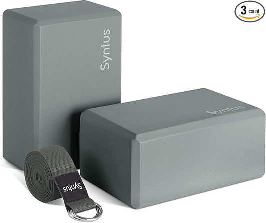 Syntus Yoga Block and Yoga Strap Set, 2 Soft Non-Slip Yoga Blocks 9×6×4 inches, 8FT Metal D-Ring Strap for Yoga, General Fitness, Pilates, Stretching and Toning-FlexoryFit