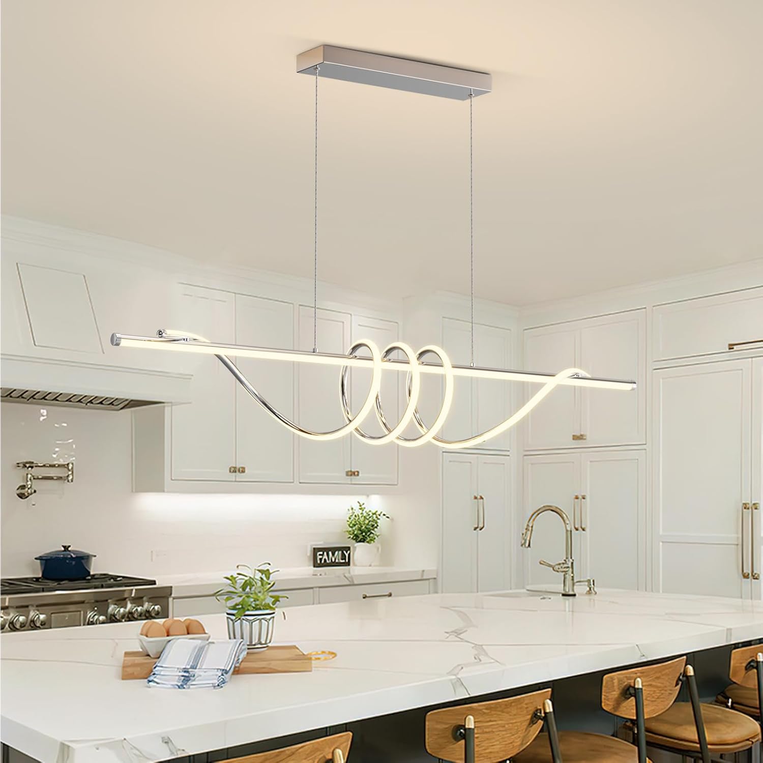 Modern LED Pendent Lights Kitchen Island,3000k-6000K Adjustable Color Dining Room Light Fixture,Dimmable with Remote Control Aluminum for Kitchen, Living, Dining,Bedroom(57in Chrome Silver