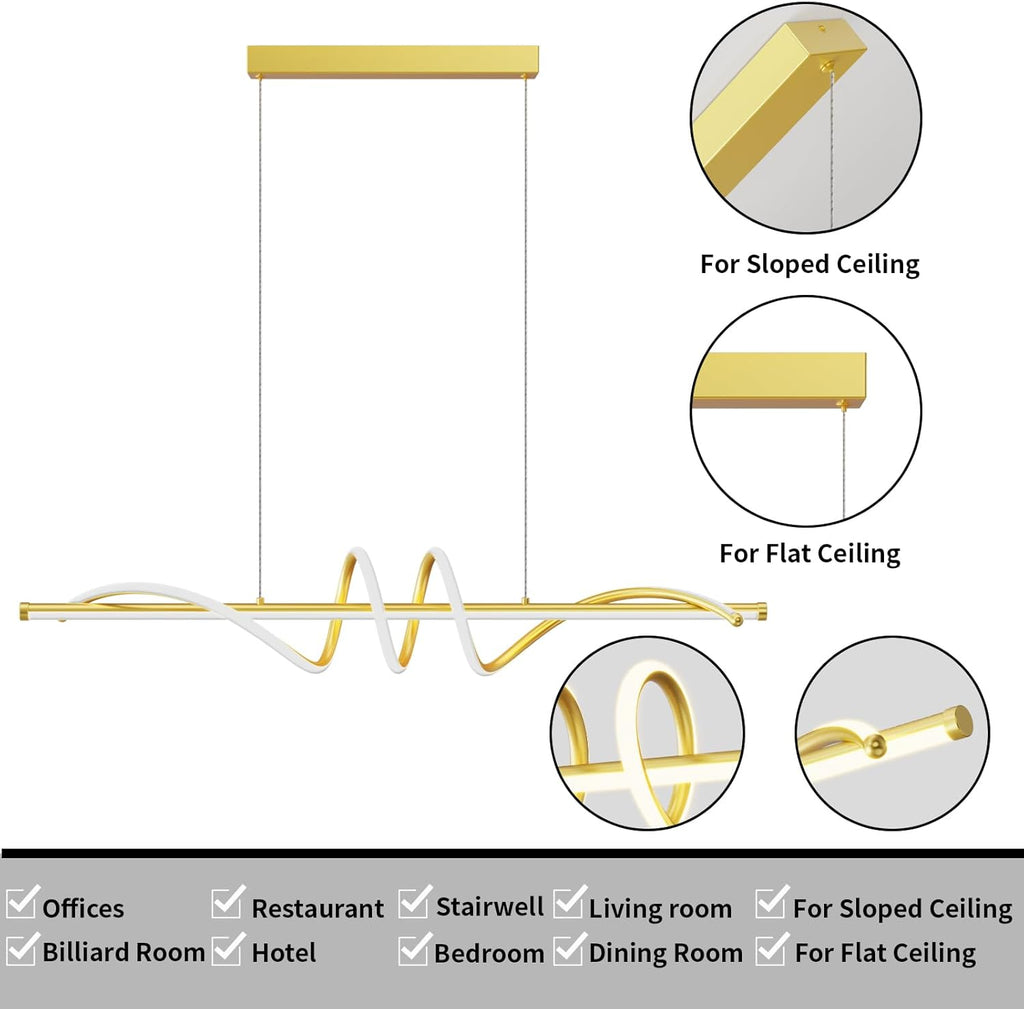 Modern LED Pendant Lights, 47in Gold Chandelier Dimmable with Remote Control 3000k-6000K Adjustable Color Temperature, Aluminum Island Lighting Lamp Fixture for Kitchen, Dining Room