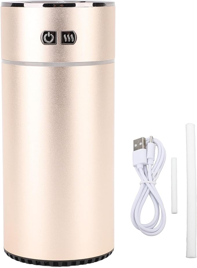Portable Dual Spray Aromatherapy Diffuser and Humidifier with 300ml Water Tank for Smart Car Air Freshening (Gold)