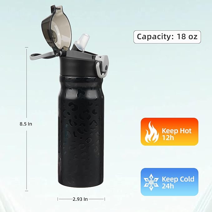 Insulated Water Bottle with Straw and Carry Loop,18 oz Stainless Steel Double Wall Vaccum Metal Water Flask with Leak-proof Lid,Black Leopard-FlexoryFit