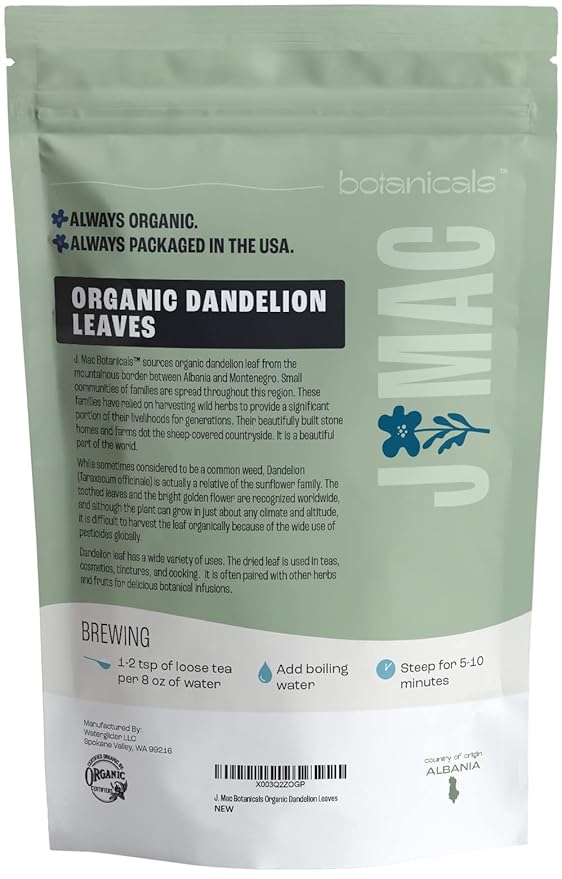 J Mac Botanicals, Organic Dandelion Leaves (4 oz bag) USDA Certified Organic Dandelion leaf tea, te diente de leon organico, Packaged in the USA, Cut and Sifted, No Caffeine-FlexoryFit