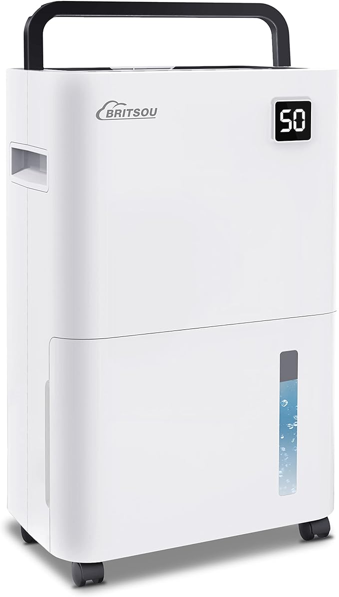 Britsou 50 Pints Dehumidifier for Basement with Drain Hose - Quiet Smart Operation with 3 Modes, 24HR Timer - Ideal for Home Bedroom, Bathroom, Small to Large Rooms