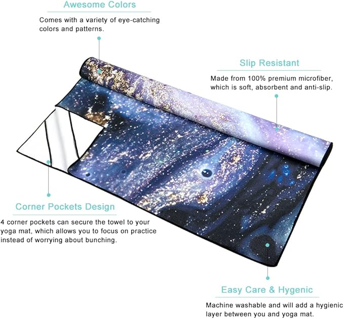 QiyI Yoga Mat Towel with Corner Pockets, Non Slip Sweat Absorbent Hot Yoga Towels, Soft Yoga Blankets with Travel Bag, Skidless Mat Cover for Workout, Gym, Fitness - 74"x26", Purple Gold Marble-FlexoryFit