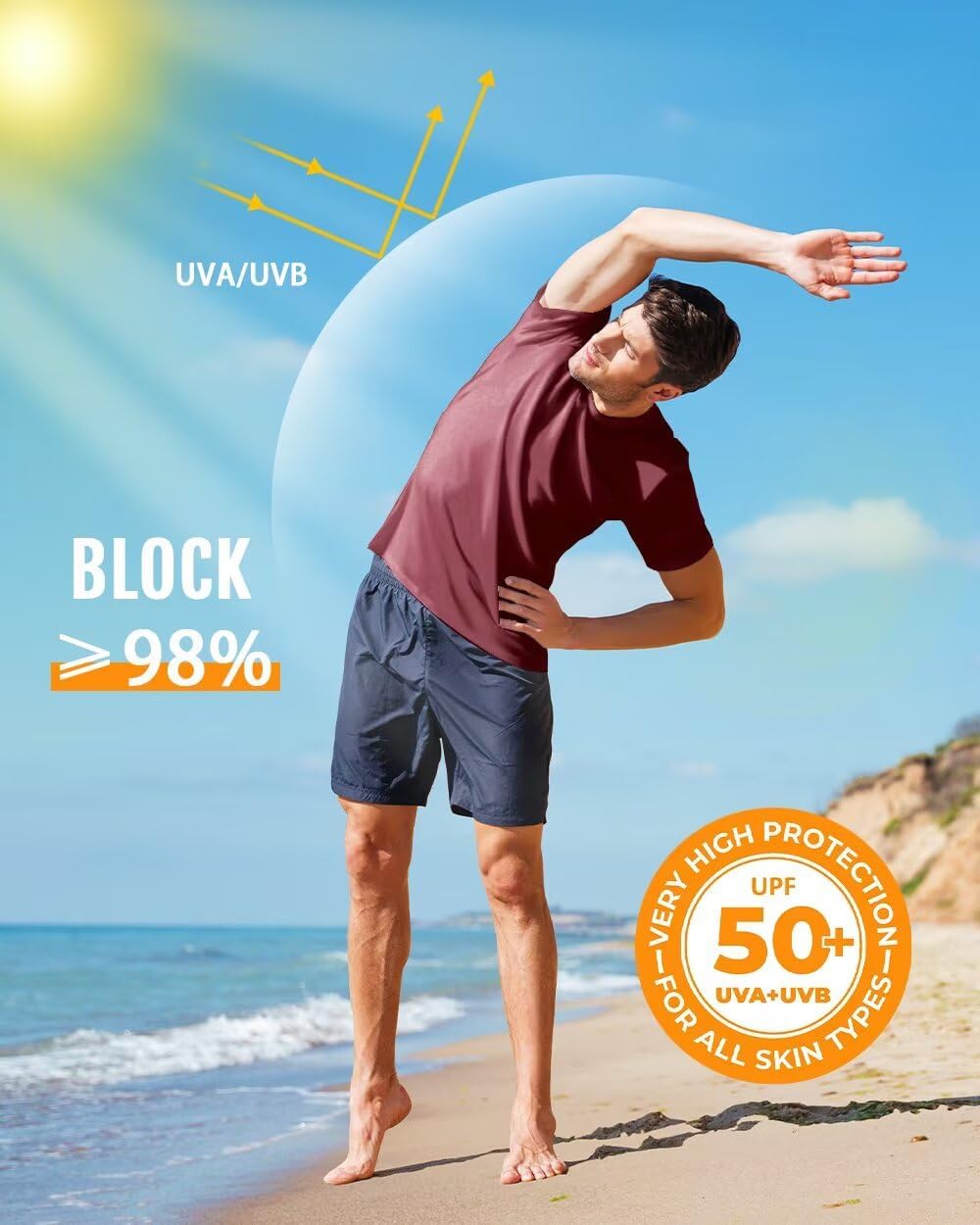 Boladeci Men's Swim Shirt Short Sleeve UPF 50+ Sun Protection SPF UV Moisture Wicking Lightweight Quick Dry Rash Guard