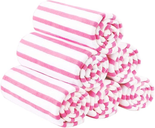 JML Microfiber Beach Towels, Quick Dry Bath Towel Set 6 Pack, 27" x 55" - Cabana Stripe -No Fading, No Linting Microfiber Towels for Hair Wrap, Pool, Bath, Sport, Yoga, Camping, Swimming, Pink-FlexoryFit