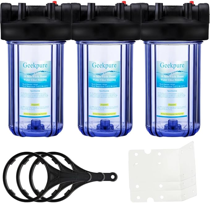 Geekpure 10 Inch Big Clear Water Filter Housing for Whole House Water Filtration with Wrench Bracket -1" Port-4.5" x 10"