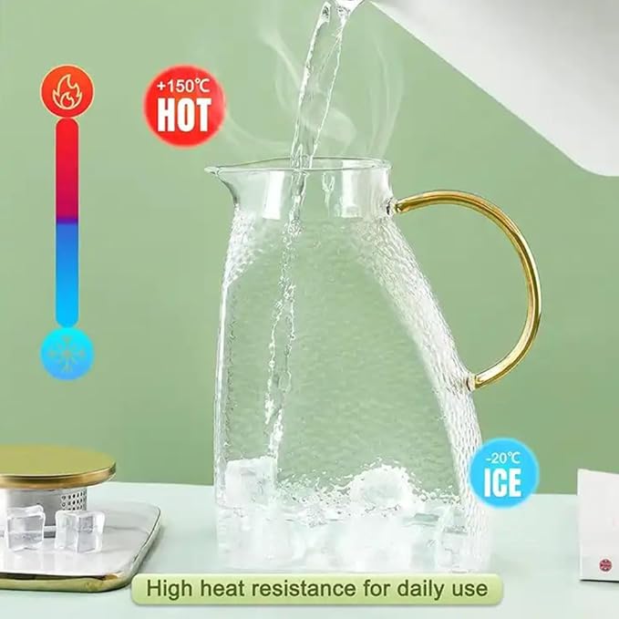 1.5L Glass Pitcher with Stainless Steel Gold Lid - Ideal Fridge Door Water Pitcher for Hot or Cold Beverage, Iced Tea, Juice, Milk, Coffee, Lemonade