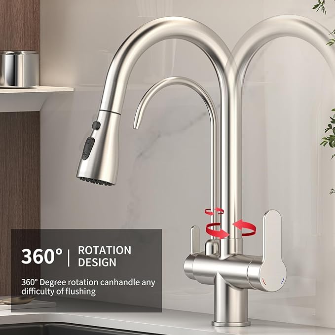 Kitchen Sink Faucet with Pull - Down Sprayer, 2 - Handle 3 - in - 1 Kitchen Sink Filter Faucet, Cold and Hot Mixer Drinking Water Faucet (Brushed Nickel-02)