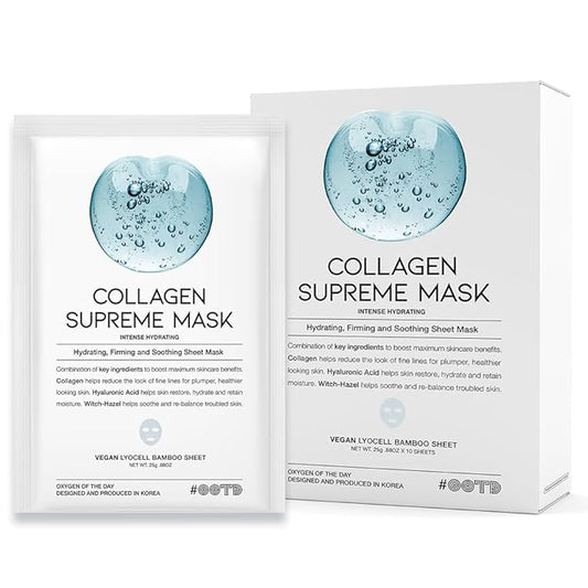 #OOTD Collagen Hydrating Sheet Masks for Face Korean Anti Aging Mask Sheet for Dry Skin & Sensitive Skin, EVE Vegan, Not Tested on Animals, No Parabens, No Sulfates, Hyaluronic Acid, Witch Hazel 10EA-FlexoryFit