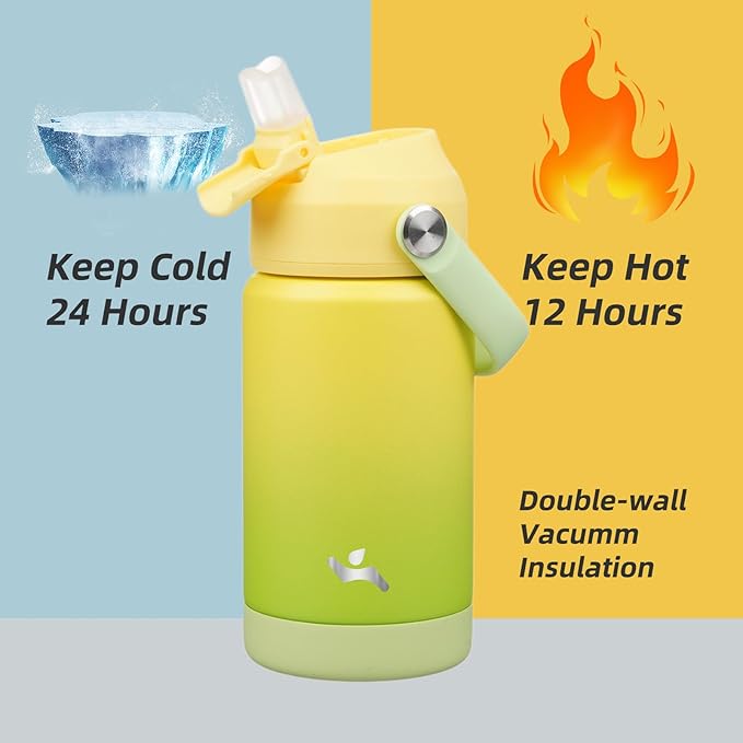 Insulated Water Bottle with Straw Lid,12 oz Stainless Steel Vacuum Metal Bottle with Silicone Handle,Lime-FlexoryFit