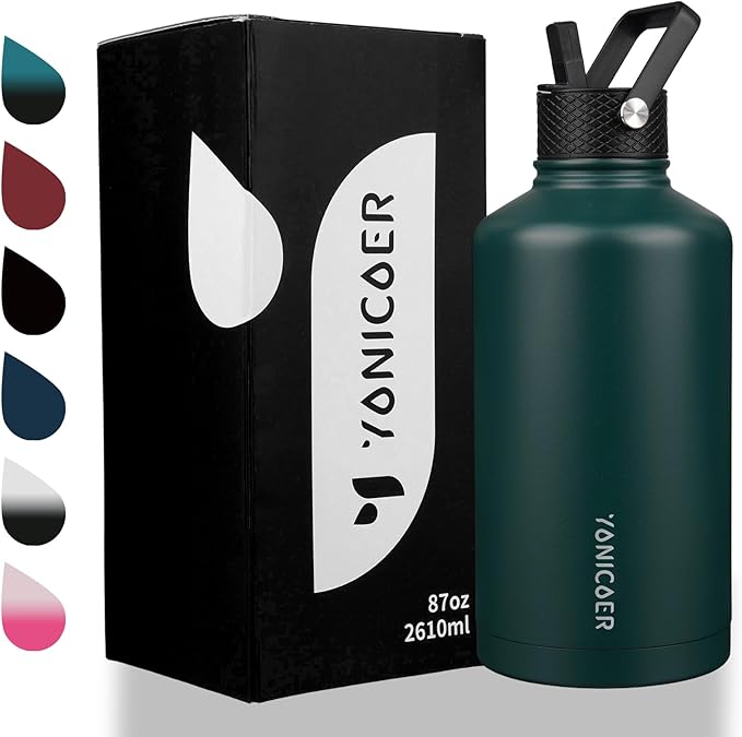 Insulated Water Bottle 64oz,Triple Wall Vacuum Stainless Steel(Dishwasher Safe),Leak Proof & Non-BPA,Flask Jug with Paracord Handle & Straw Spout Lids Sports-FlexoryFit