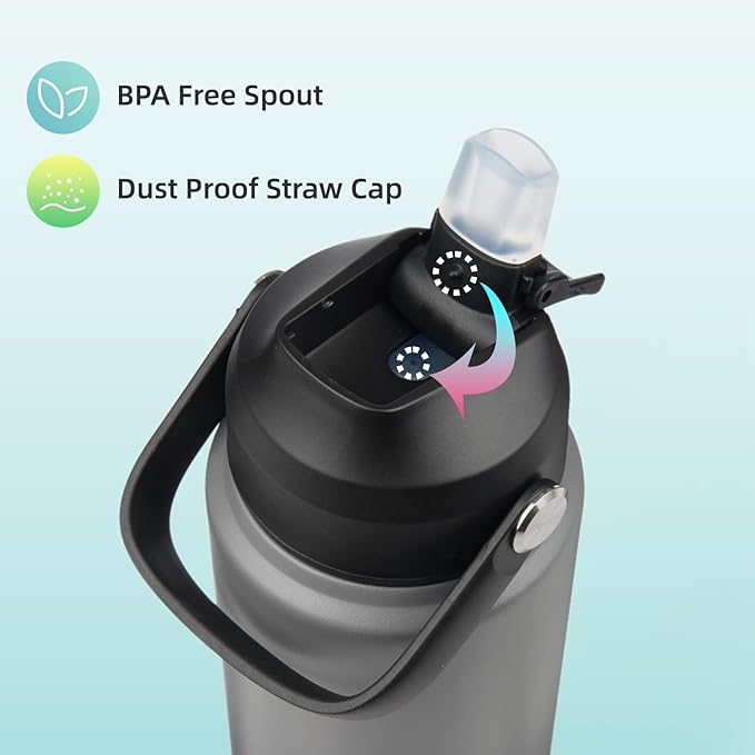 Insulated Water Bottle with Straw Lid,32 oz Stainless Steel Vacuum Metal Bottle with Silicone Handle,Gray Black-FlexoryFit