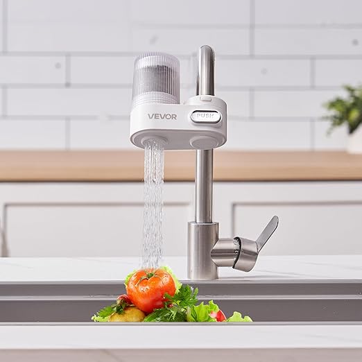 VEVOR Faucet Mount Water Filter, Vertical Water Purifier for Sink Tap, NSF Certified Carbon Fiber Filter, Removes Chlorine Lead with 3 Filters, Fits Most Kitchen or Bathroom Faucets, White