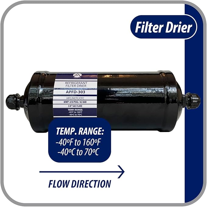 Appli Parts APFD-303 3/8 in Liquid Line Refrigerant AC Filter Drier hvac Refrigeration 303 SAE Flare connection universal unidirectional 10-1/2 in long 3-1/4 in wide