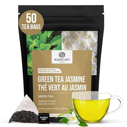 Jasmine Green Tea Bags, 50 Counts, Mountain Loose Leaf Green Tea, Flavored, Delightful Aroma, Sugar Free, 100% Natural Gluten Free, Medium Caffeine Brew As Hot, Cold Or Iced Tea-FlexoryFit