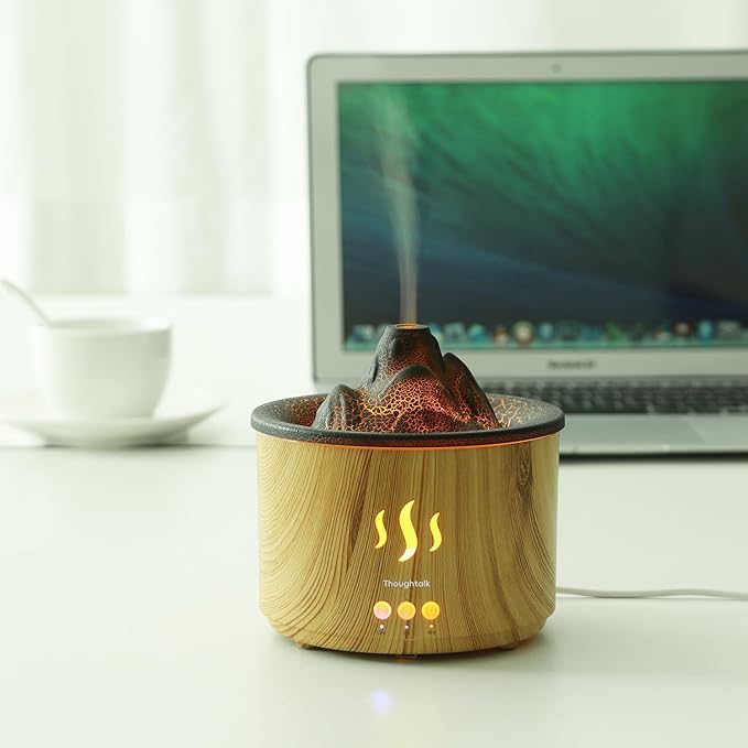Essential Oil Diffuser for Home, 400ml Aromatherapy Volcano Diffuser, Cool Mist Humidifier with Two Light(Red, Blue), Auto-Off Vaporizer for Large Room Office, Wood Grain Quiet Timer.