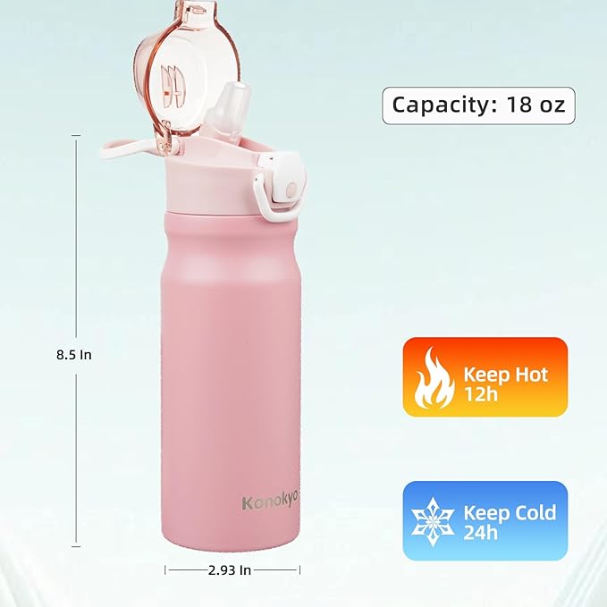 Insulated Water Bottle with Straw and Carry Loop,18 oz Stainless Steel Double Wall Vaccum Metal Water Flask with Leak-proof Lid,Pink-FlexoryFit