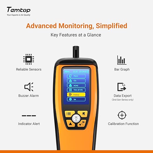 Temtop Air Quality Meter: Precision Indoor/Outdoor CO2, PM2.5, PM10, Detection with Audio Alarm, Temperature & Humidity Insights for Enhanced Home Comfort, M2000C