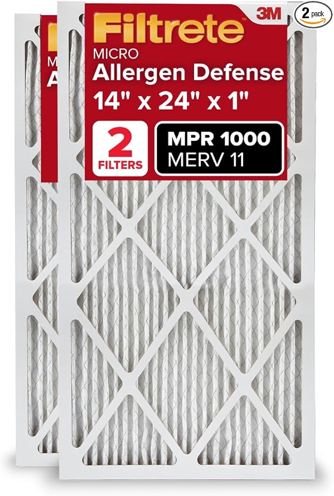 Filtrete 14x24x1 AC Furnace Air Filter, MERV 11, MPR 1000, Micro Allergen Defense, 3-Month Pleated 1-Inch Electrostatic Air Cleaning Filter, 2 Pack (Actual Size 13.81 x 23.81 x 0.81 in)