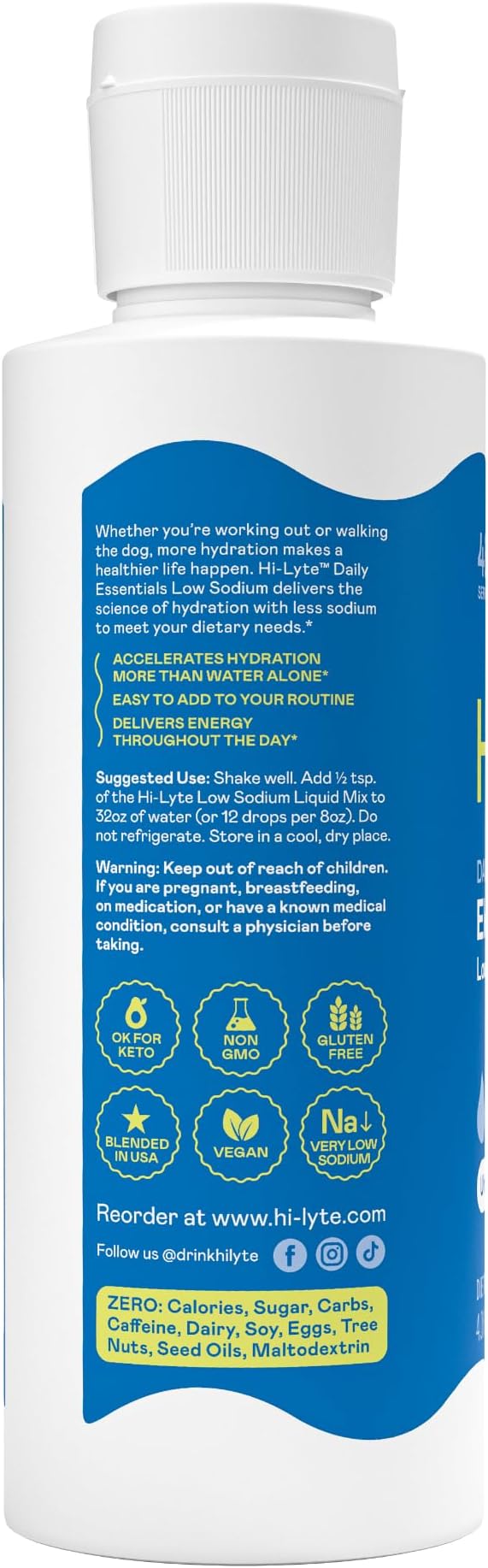 Hi-Lyte Low Sodium Electrolyte Supplement for Immune Support, Fasting and Rapid Hydration | 48 Servings | Magnesium, Potassium, Zinc | Unflavored Mineral Taste Drops-FlexoryFit