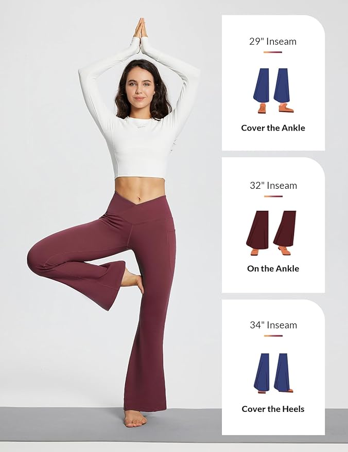 baleaf Women's V Crossover Flare Leggings with Pockets Yoga Pants High Waist Casual Workout Gym Bell Bottom Leggings-FlexoryFit
