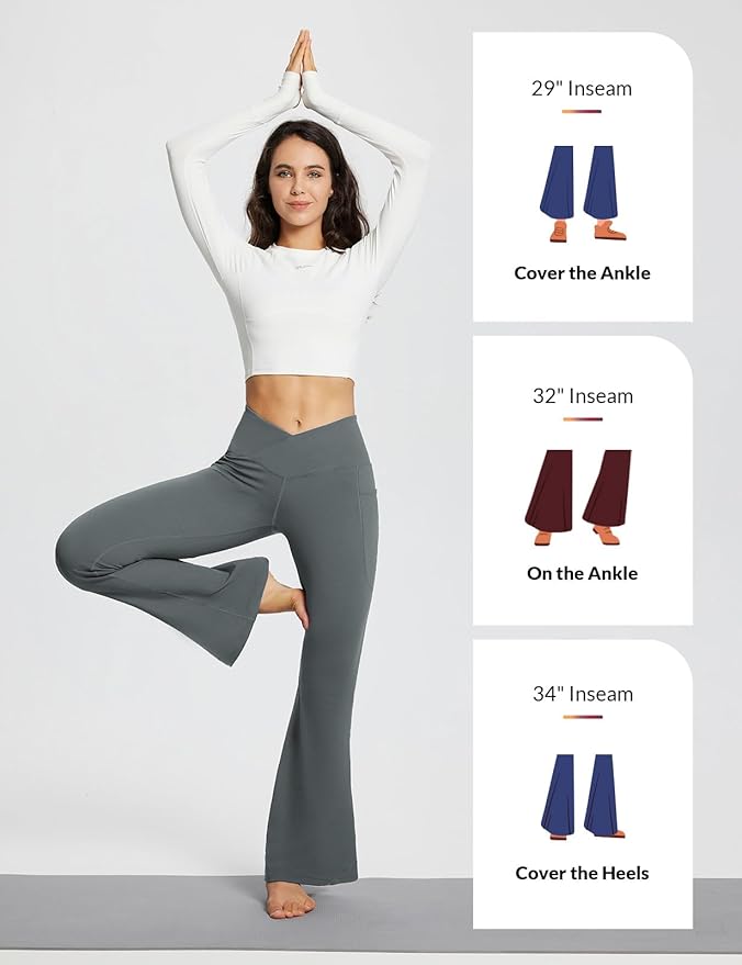 baleaf Women's V Crossover Flare Leggings with Pockets Yoga Pants High Waist Casual Workout Gym Bell Bottom Leggings-FlexoryFit