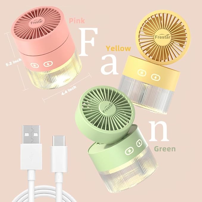 Personal Cooling Fan and Small Air Humidifier 350ml with LED Night Light, Desktop USB Charging Humidifier and Fan 3 in 1 for Office and Small Room, No Battery (Pink)