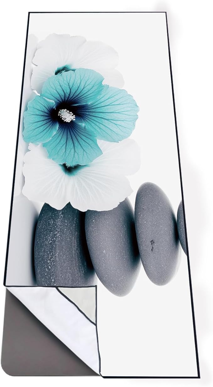 QiyI Yoga Towel with Travel Bag, Microfiber Mat-Sized Hot Yoga Towels, Non Slip Blanket with Corner Pockets, Quick Dry Mat Towel for Bikram, Pilates, Fitness - 70"x26", Pebbles & Blue White Flowers-FlexoryFit