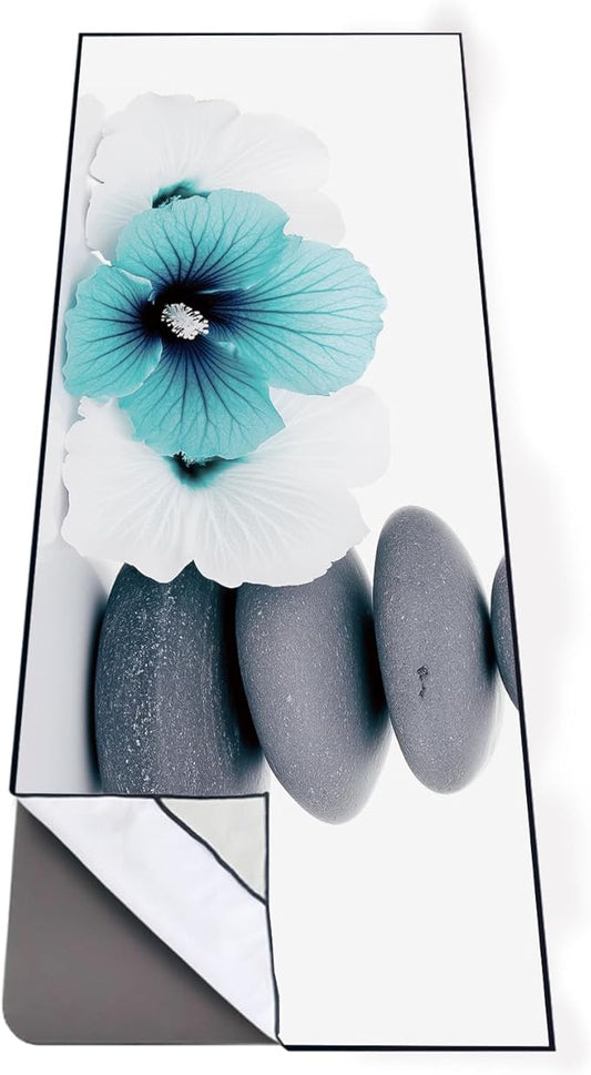 QiyI Yoga Towel with Travel Bag, Microfiber Mat-Sized Hot Yoga Towels, Non Slip Blanket with Corner Pockets, Quick Dry Mat Towel for Bikram, Pilates, Fitness - 70"x26", Pebbles & Blue White Flowers-FlexoryFit