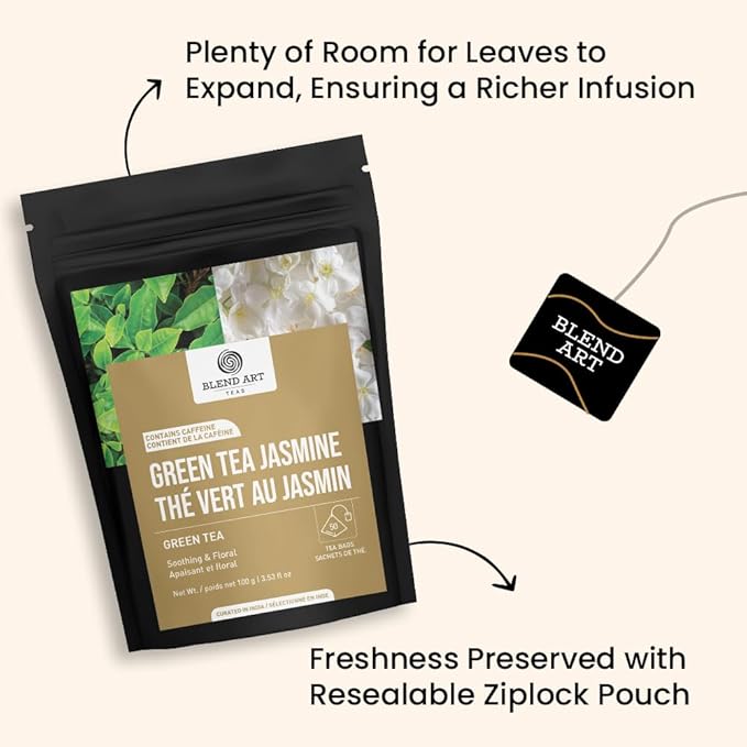 Jasmine Green Tea Bags, 50 Counts, Mountain Loose Leaf Green Tea, Flavored, Delightful Aroma, Sugar Free, 100% Natural Gluten Free, Medium Caffeine Brew As Hot, Cold Or Iced Tea-FlexoryFit