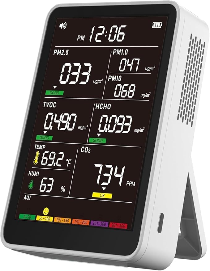 Professional Indoor Air Quality Monitor with AQI Beep Alarms, Portable Real-Time Detector for Home Cars Plants and Pets (Cream White)
