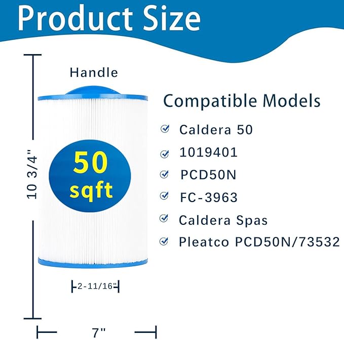Spa Filter Compatible with Caldera 50, Caldera Spas, Unicel C-7350, 1019401, 73532, PCD50N, FC-3963, 50 sq.ft hot tub Filter, 2 Pack